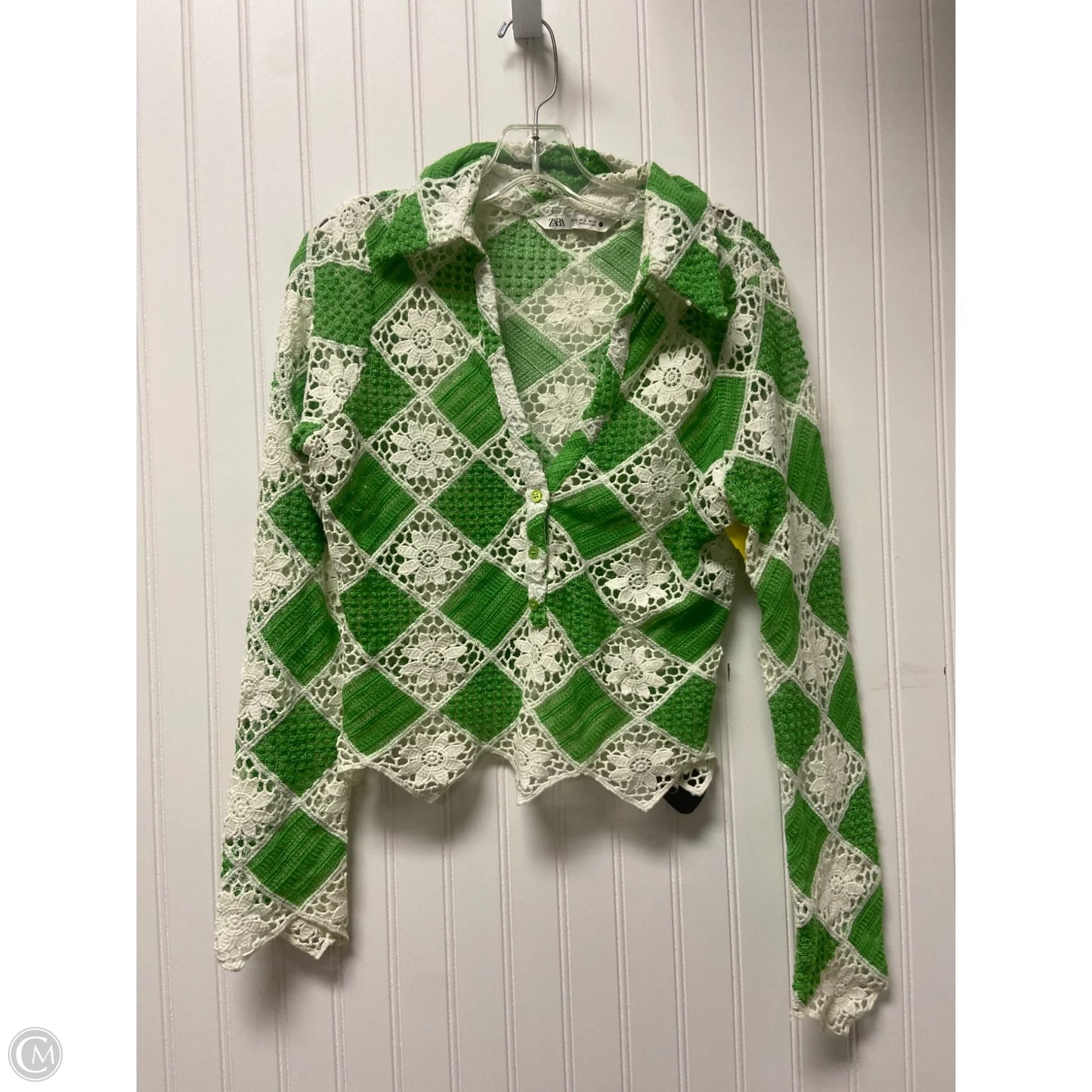 Top Long Sleeve By Zara In Green & White, Size: M