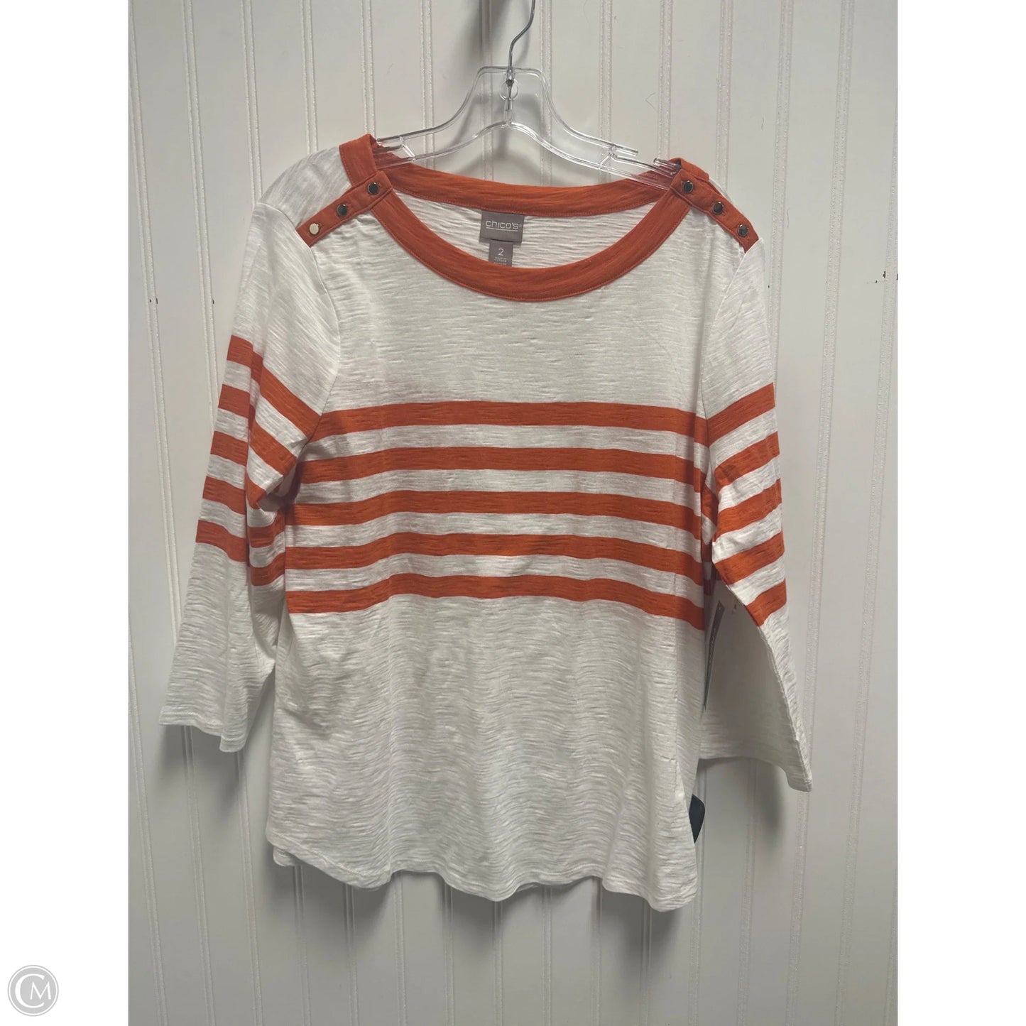 Top 3/4 Sleeve By Chicos In Orange & White, Size: L