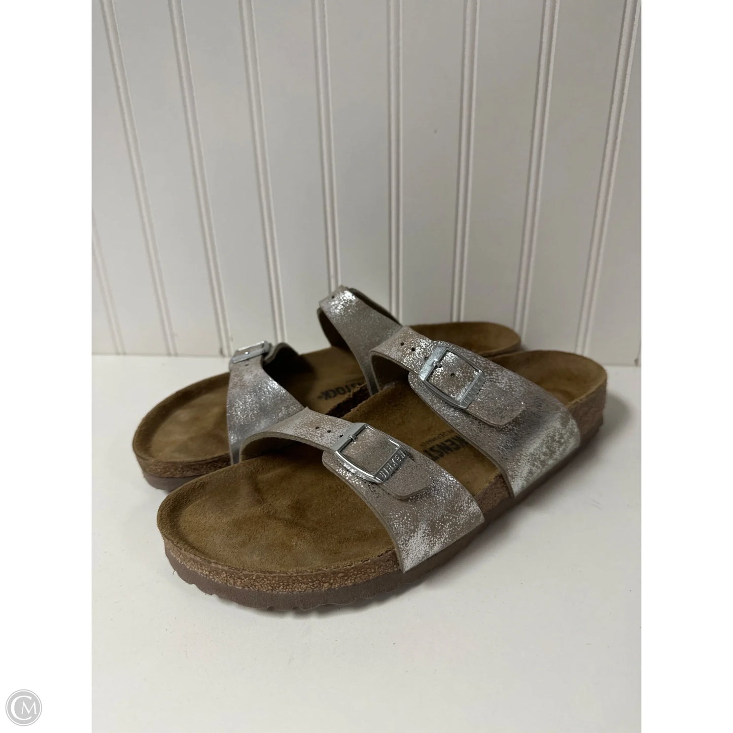 Sandals Flats By Birkenstock In Silver, Size: 11