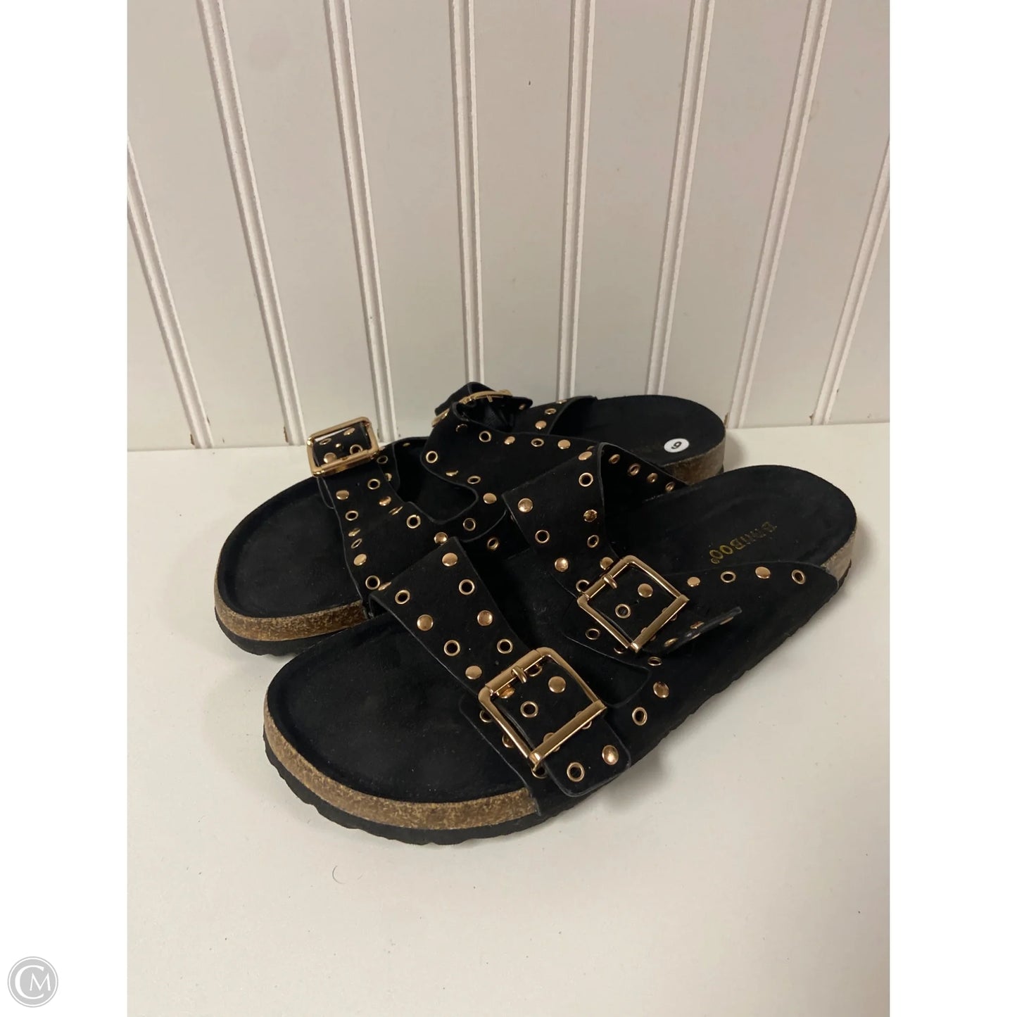 Sandals Flats By Bamboo In Black & Gold, Size: 9