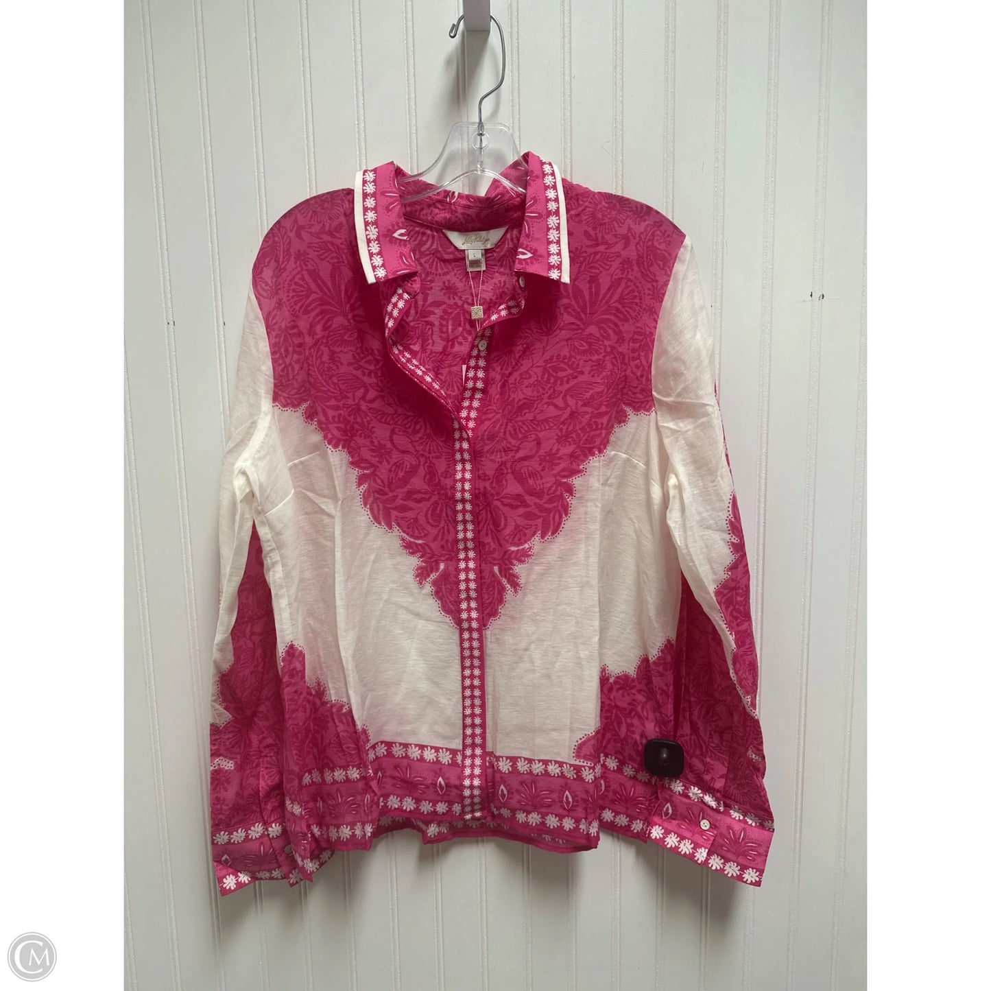 Top Long Sleeve Designer By Lilly Pulitzer In Pink & White, Size: L