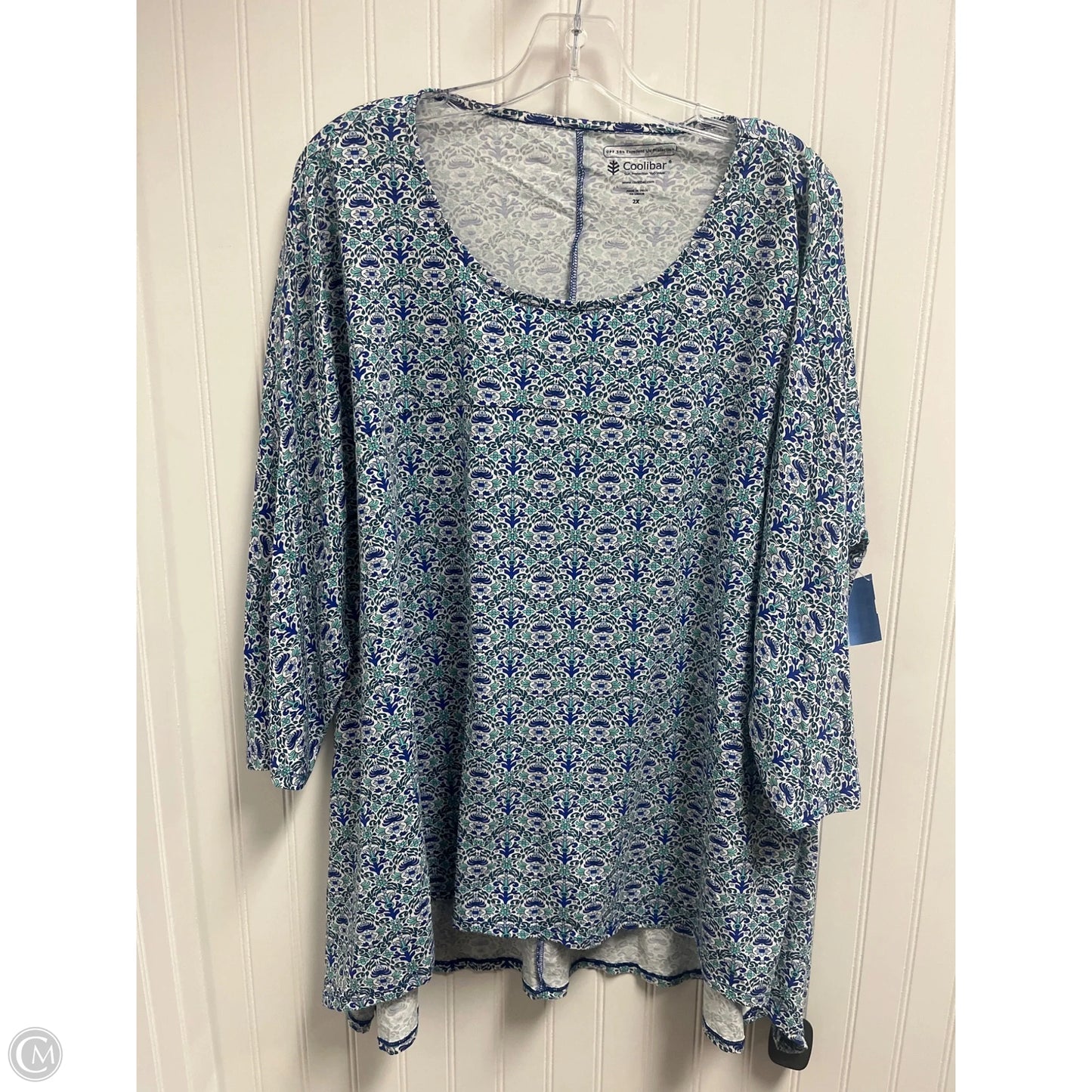 Top 3/4 Sleeve By Coolibar In Blue & White, Size: 2x