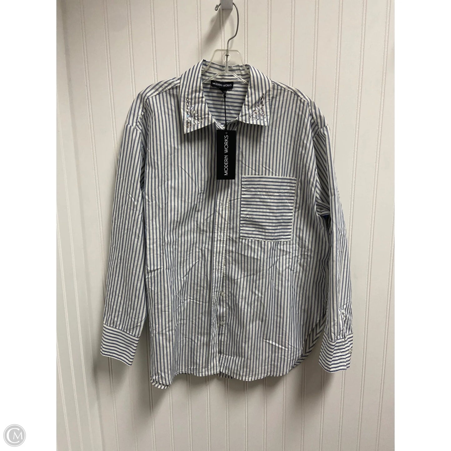 Top Long Sleeve By Modern Works In Blue & White, Size: S