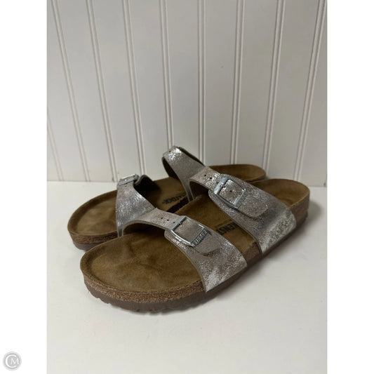 Sandals Flats By Birkenstock In Silver, Size: 11