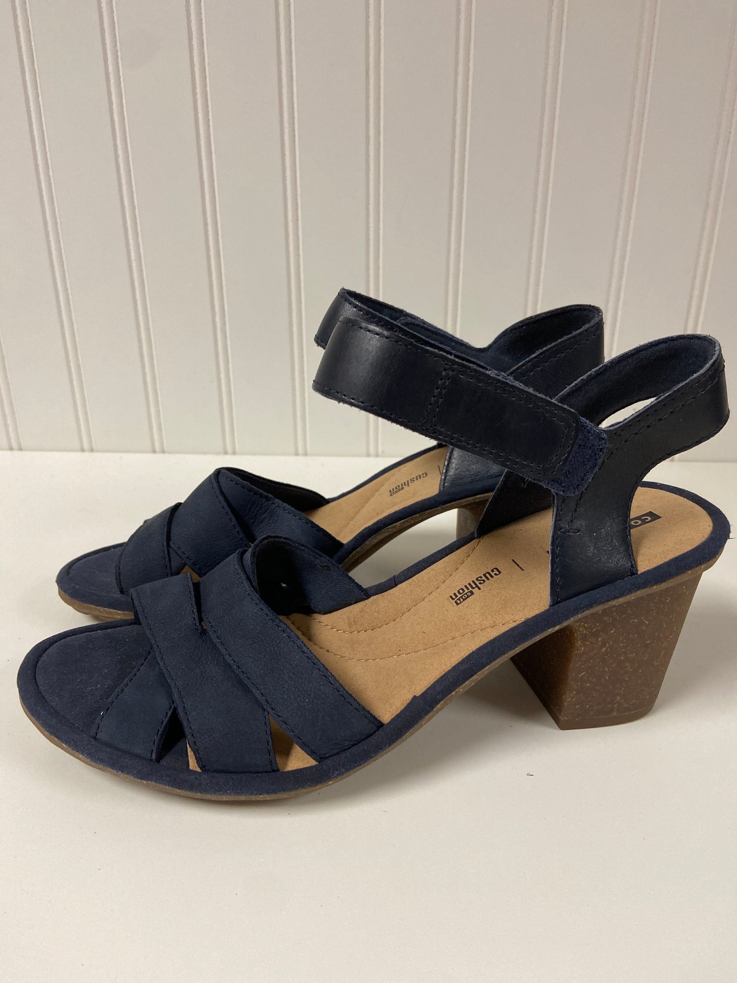 Navy Sandals Heels Block Clarks, Size 9