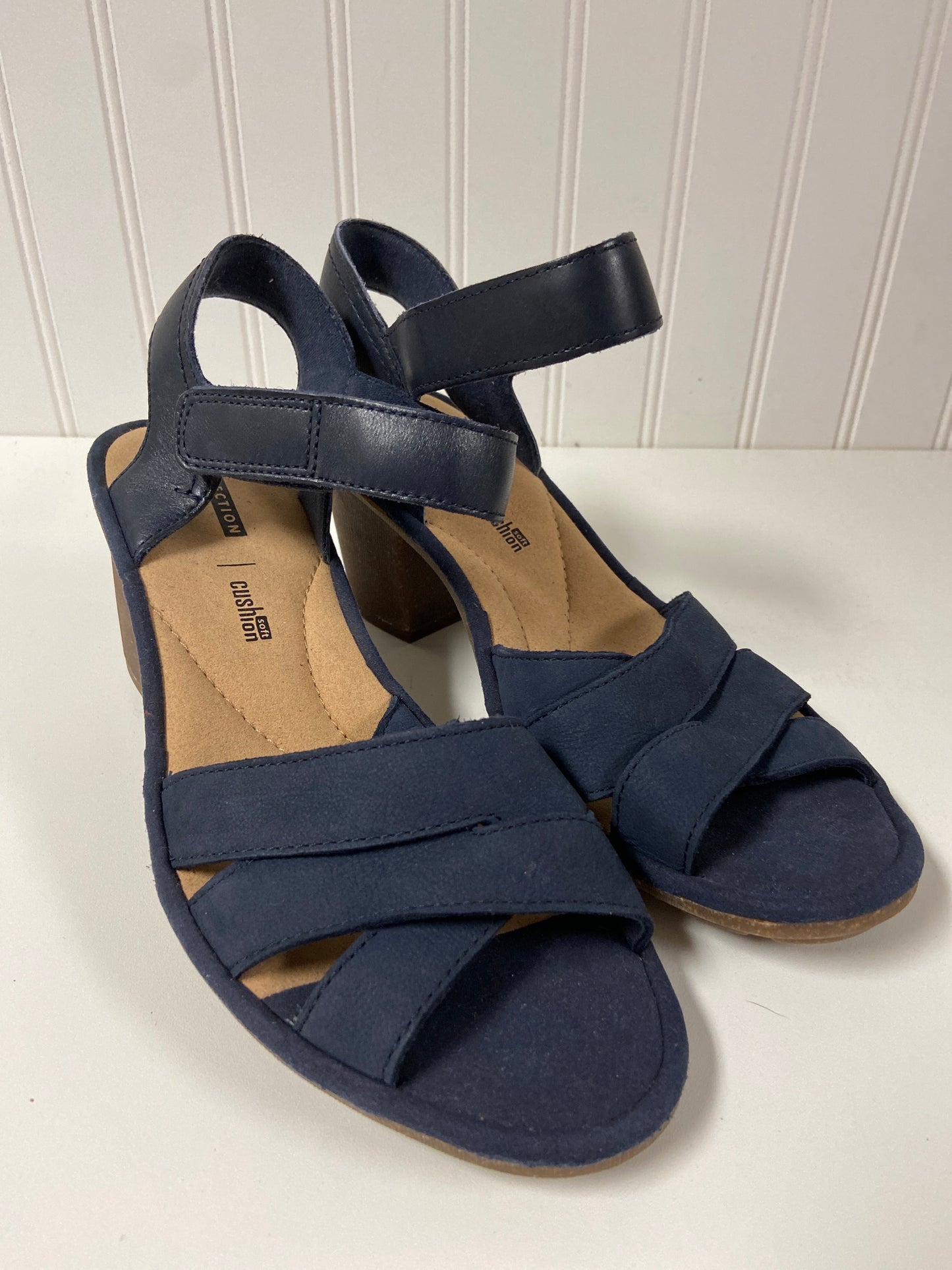 Navy Sandals Heels Block Clarks, Size 9