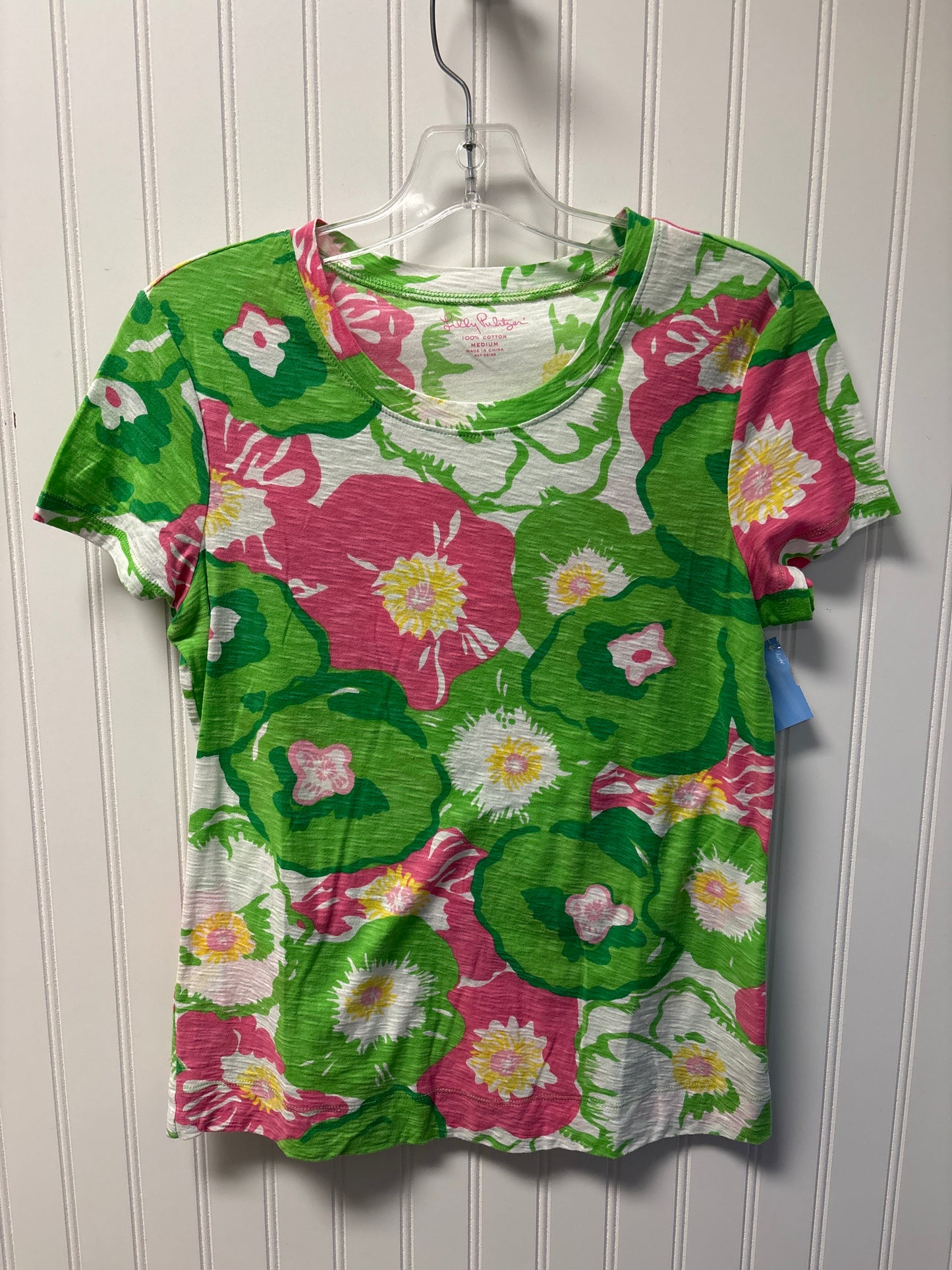 Top Short Sleeve Designer By Lilly Pulitzer In Green & Pink, Size: M