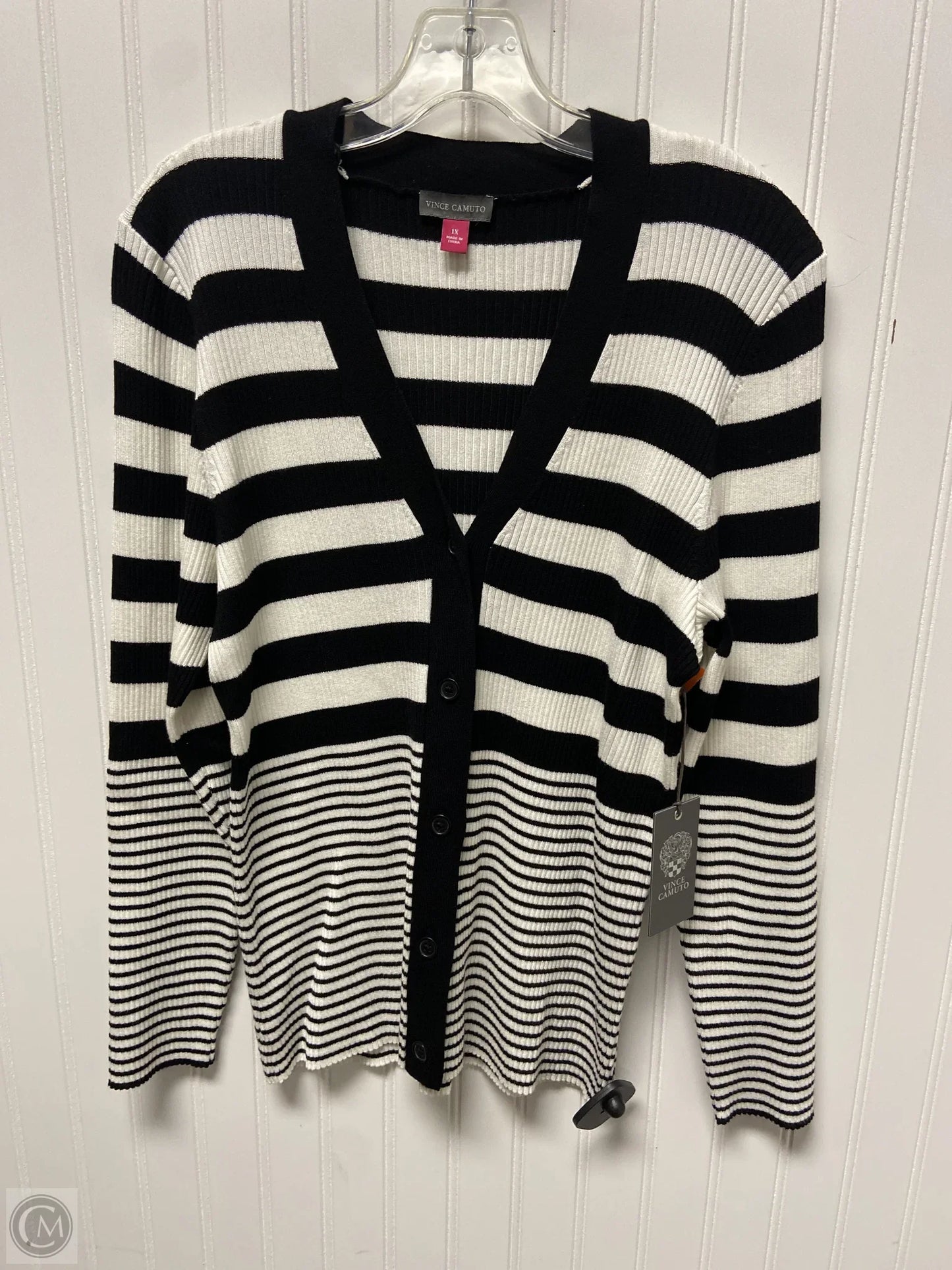 Sweater Cardigan By Vince Camuto In Black & White, Size: 1x