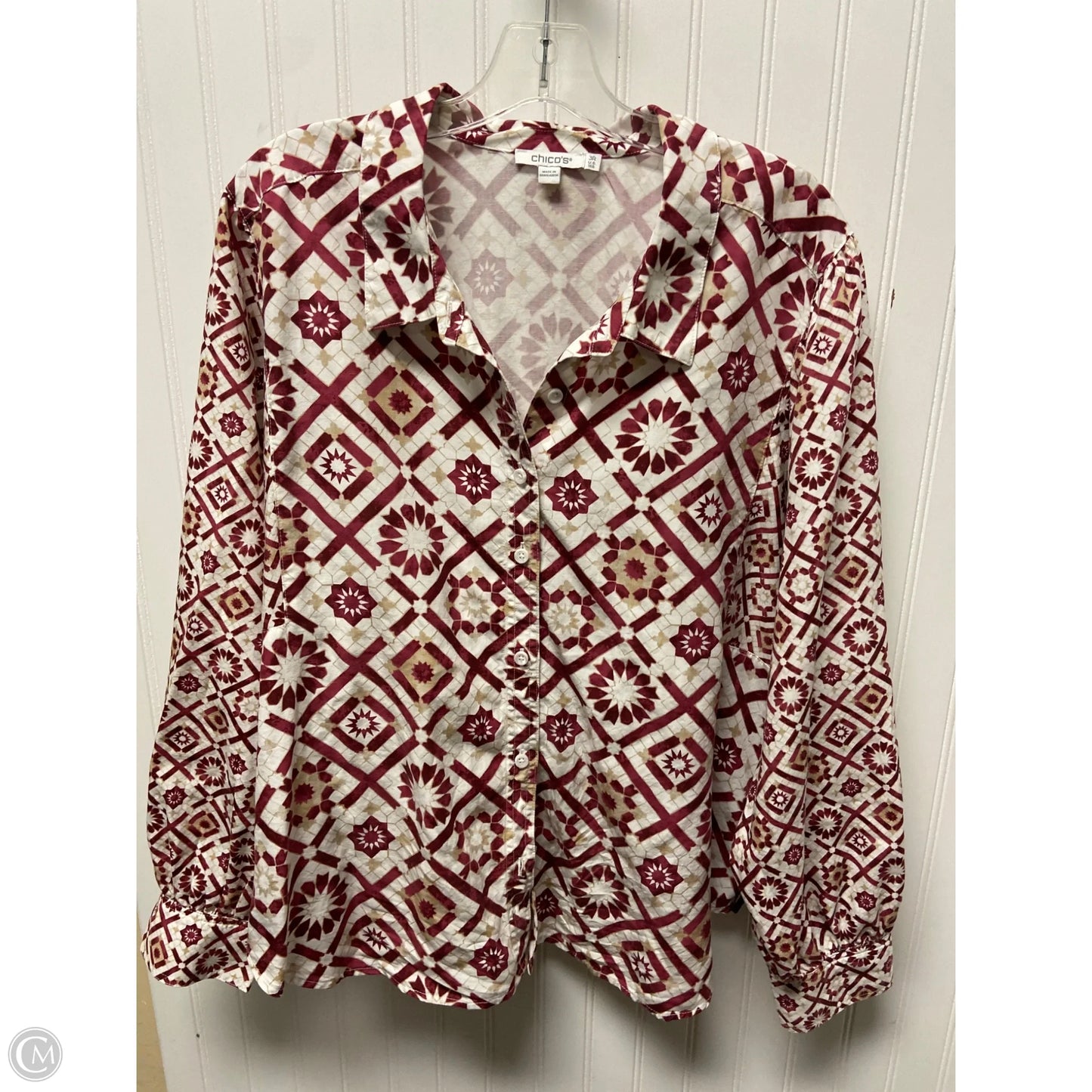 Top Long Sleeve By Chicos In Red & White, Size: Xl