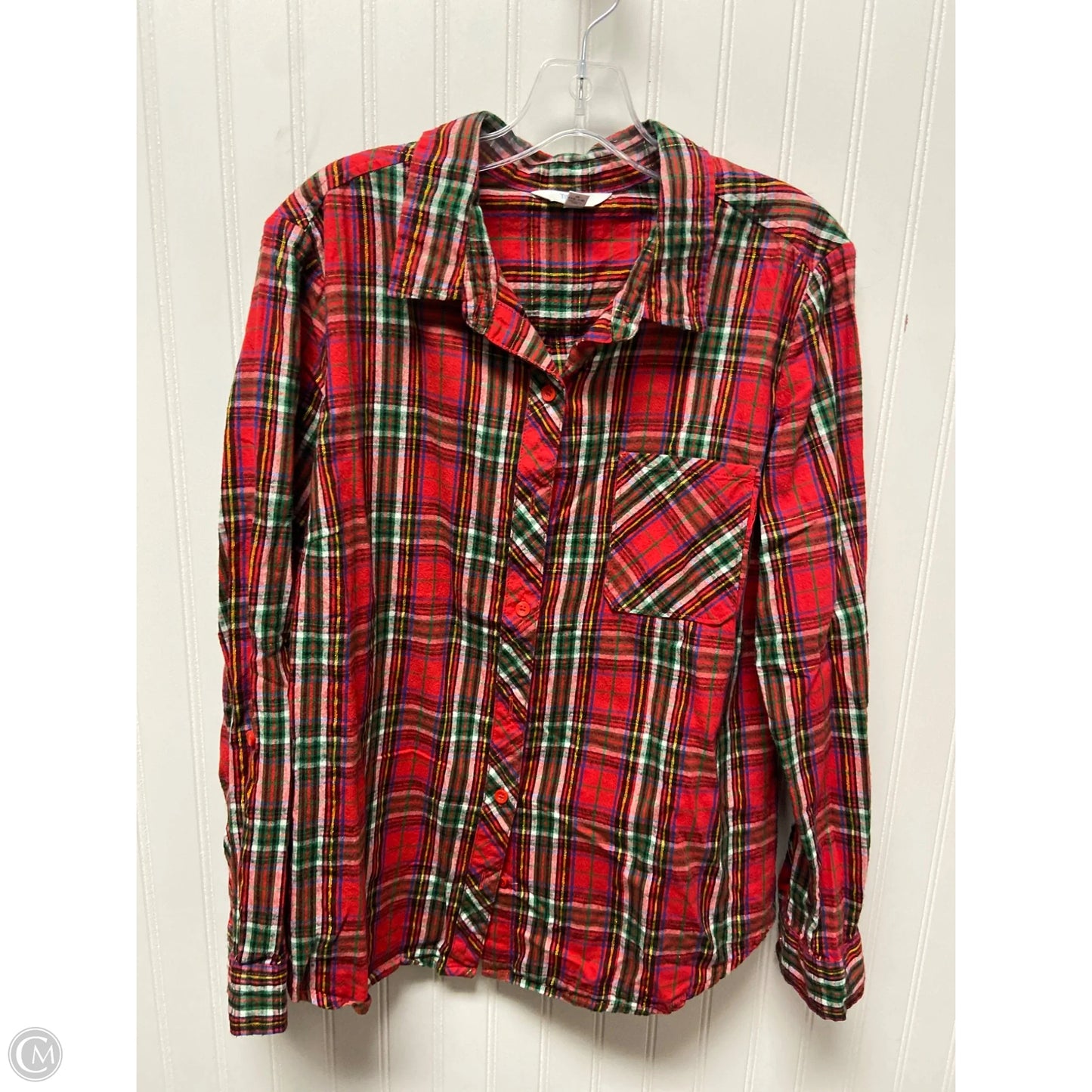 Top Long Sleeve By Time And Tru In Plaid Pattern, Size: L