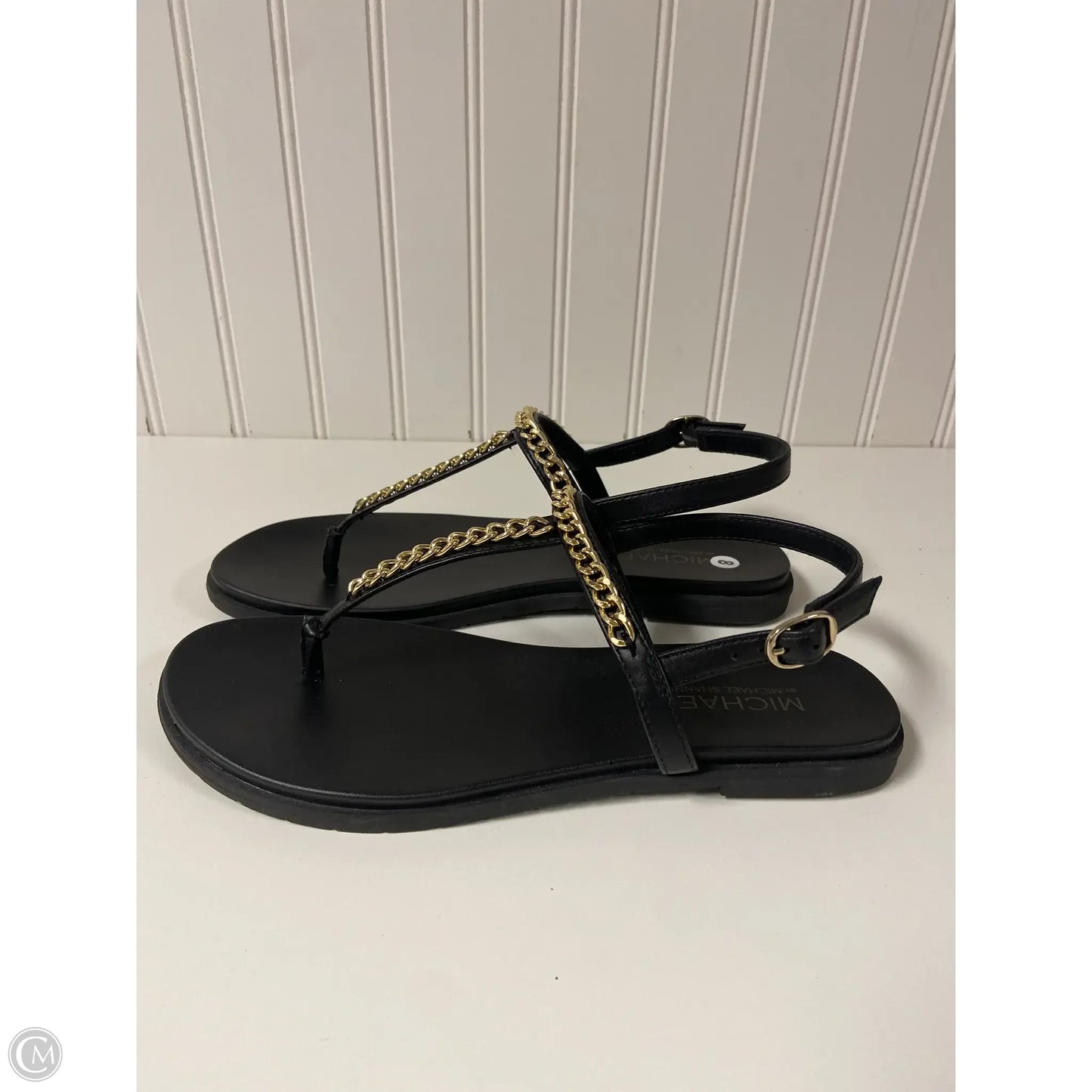 Sandals Flats By Michael Shannon In Black & Gold, Size: 8