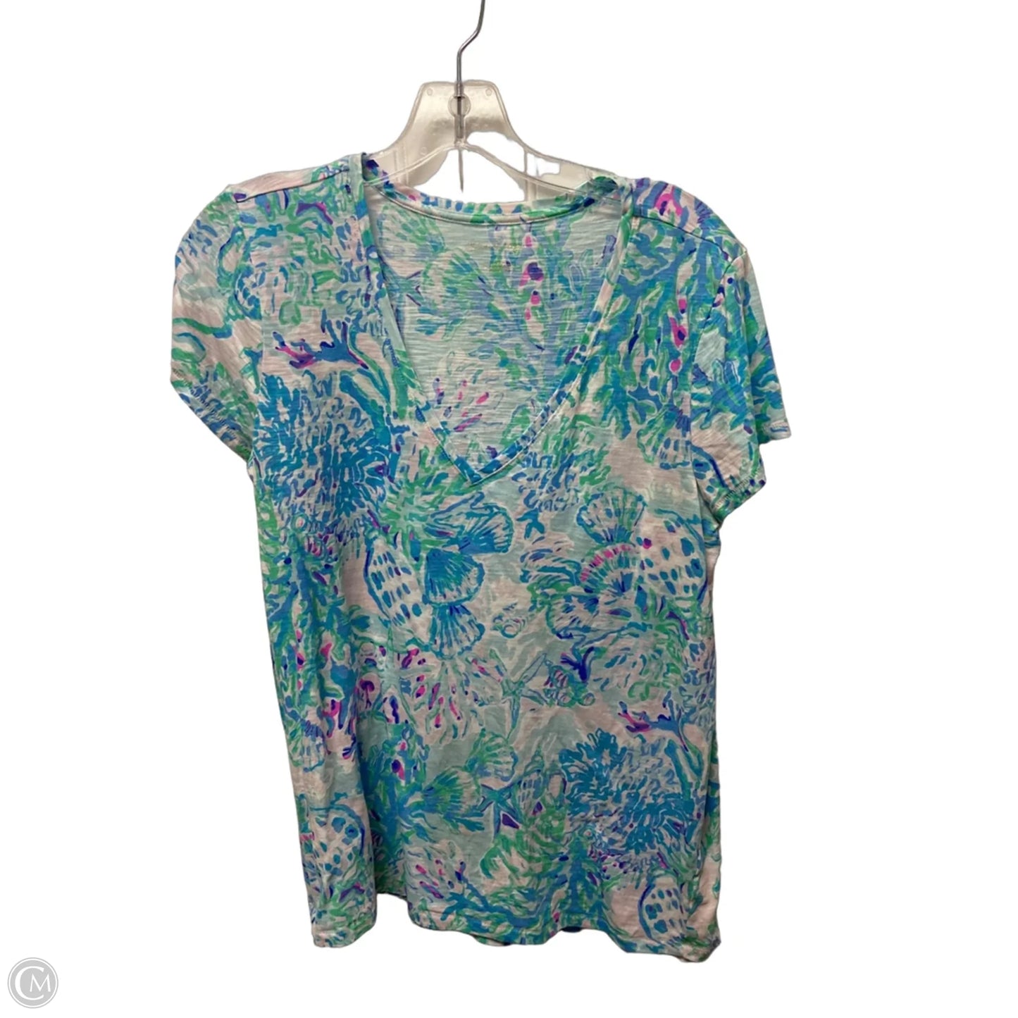 Top Short Sleeve Designer By Lilly Pulitzer In Blue & Green, Size: L