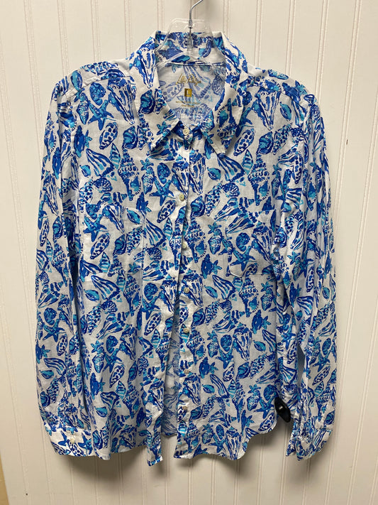 Top Long Sleeve Designer By Lilly Pulitzer In Blue & White, Size: L