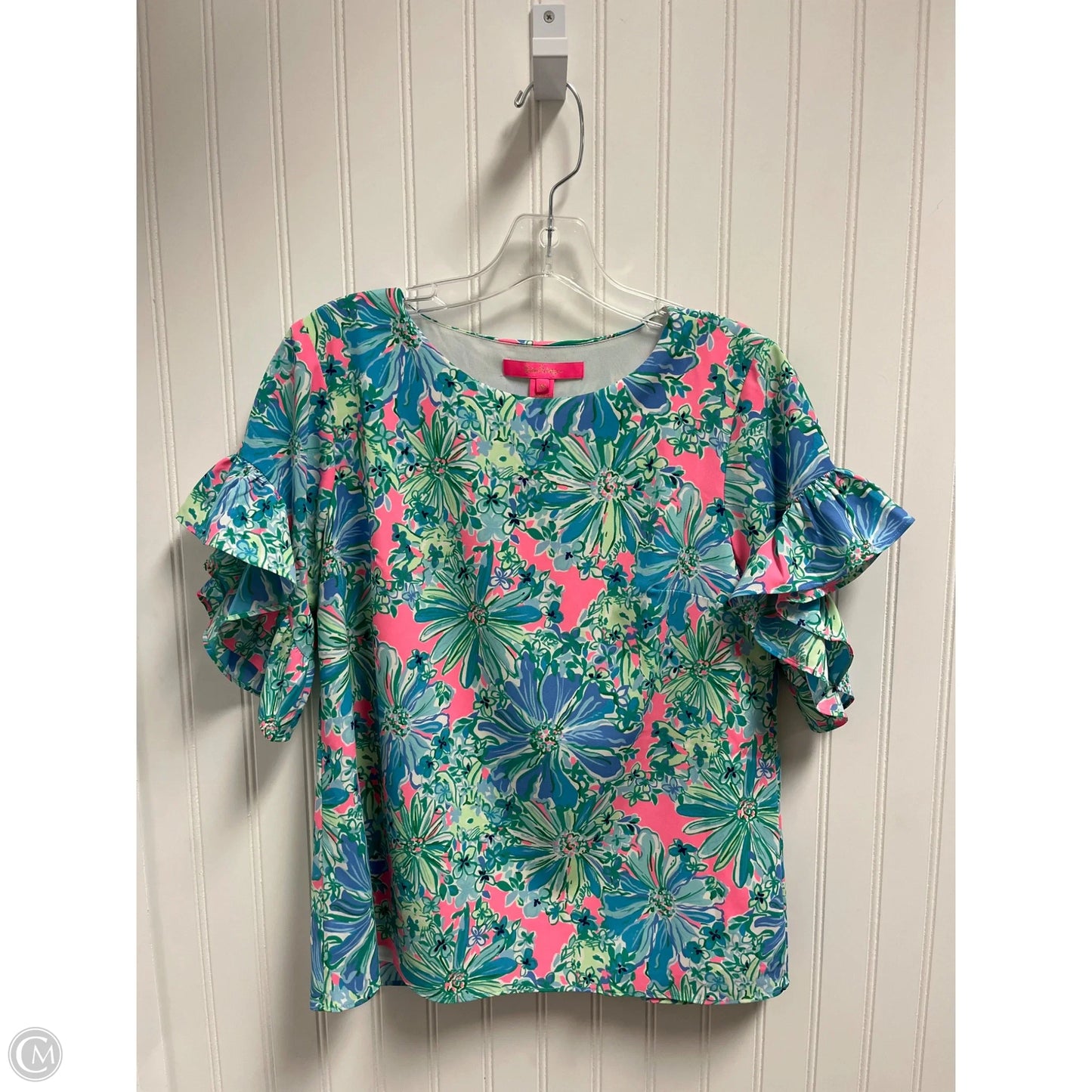 Top Short Sleeve Designer By Lilly Pulitzer In Green & Pink, Size: Xs