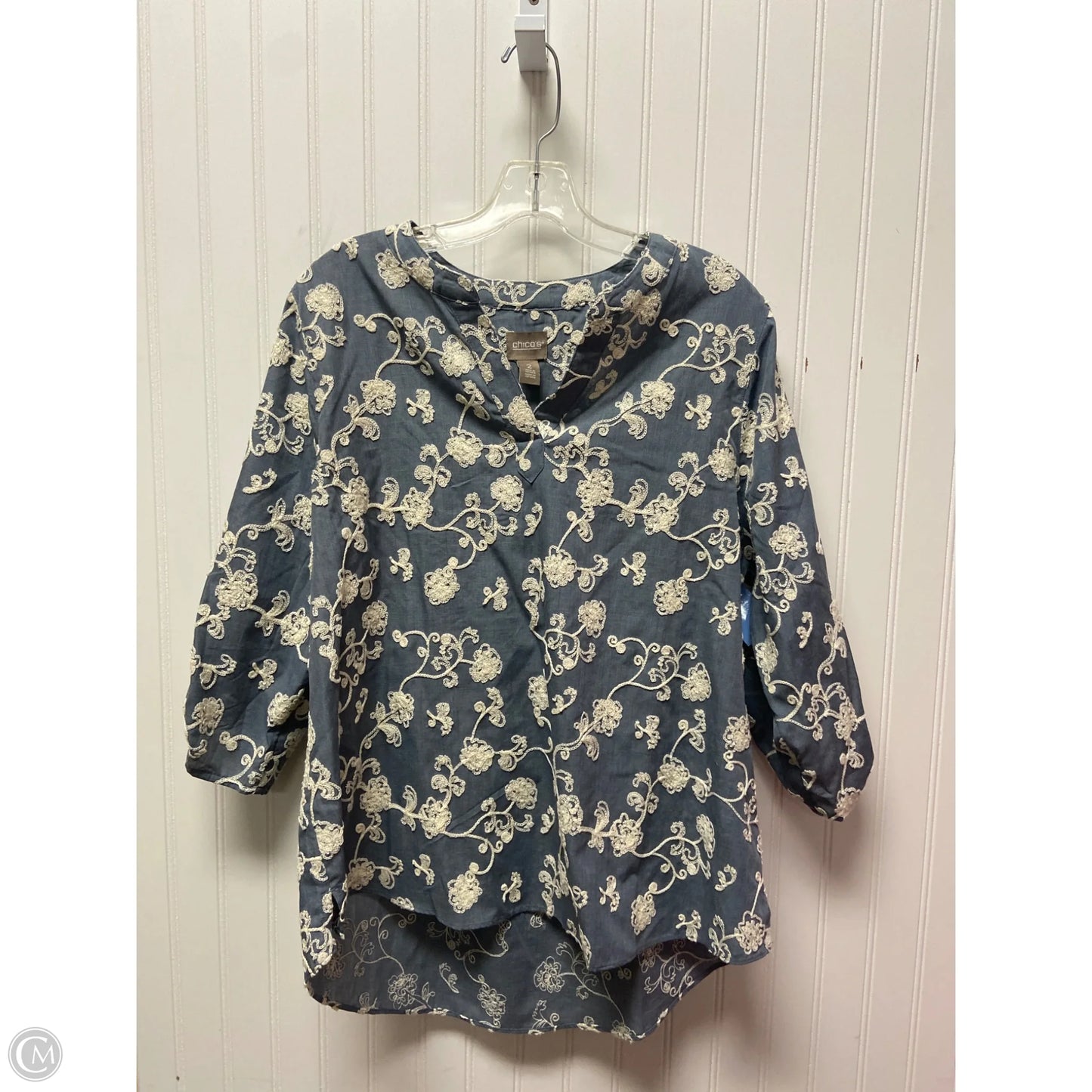 Top Long Sleeve By Chicos In Blue & Cream, Size: L